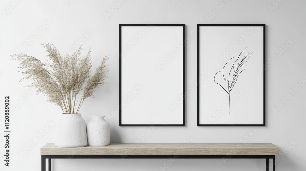 Poster minimalist mockup of empty white posters in black frames displayed on a modern table with decorative