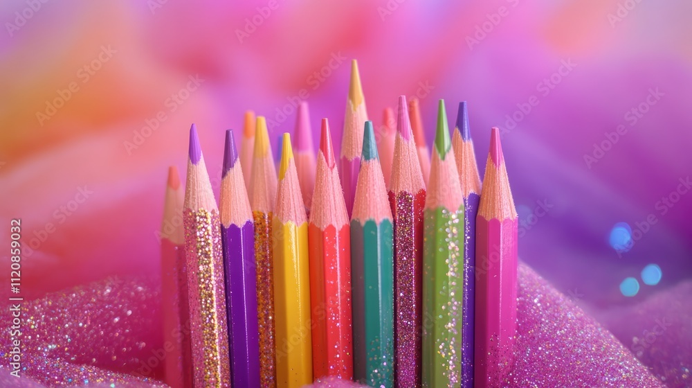 Poster colorful pencils arranged artistically on a glittering backdrop with a soft focus effect and ample c