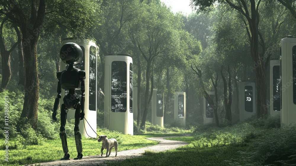 Poster a robot walks a dog through a futuristic forest with tall, sleek structures.