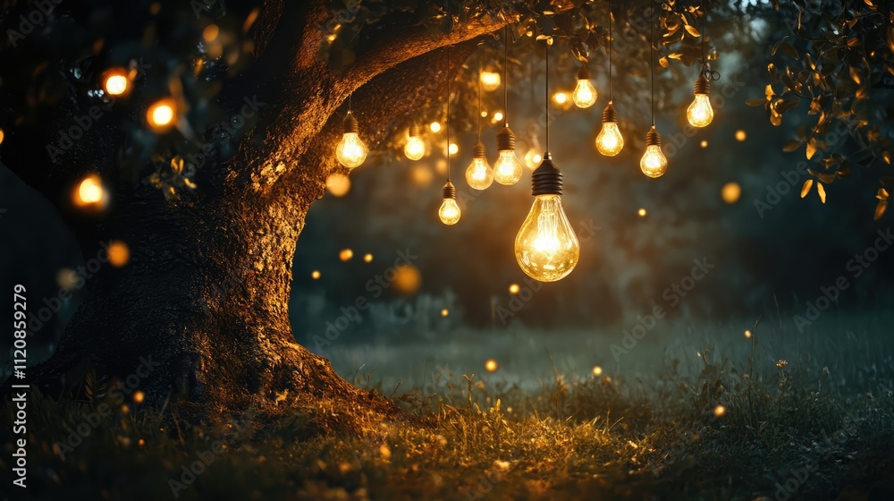 Aufkleber magical outdoor scene with glowing light bulbs hanging from a tree creating an enchanting atmosphere