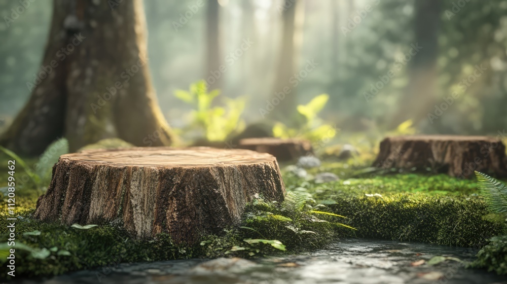 Poster wooden tree stumps in serene forest setting surrounded by lush greenery and soft sunlight streaming 