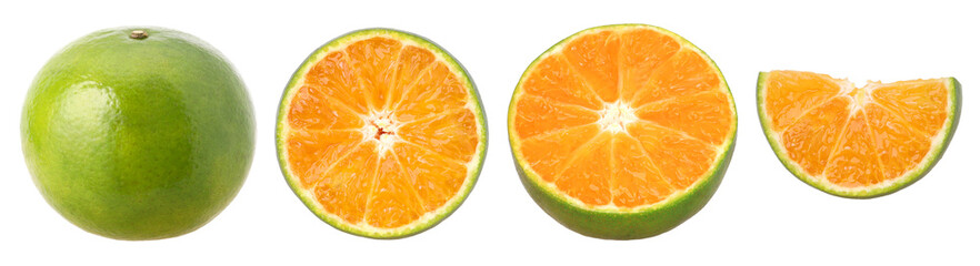 Tangerine orange or Clementine, half and slices isolated, transparent PNG, PNG format