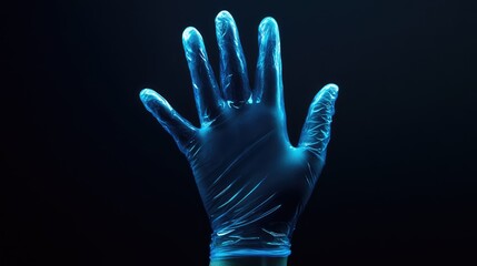 Blue medical glove on male hand against dark background showcasing cleanliness and hygiene concept with copy space for healthcare themes