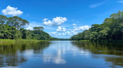 Serene river landscape with lush green banks under a vibrant blue sky and fluffy white clouds reflections on calm water surface