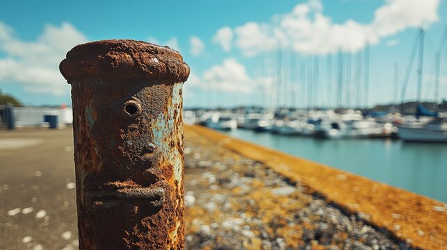 Rusty vintage marina bollard positioned in a waterfront setting, with blurred boats and yachts in the background, reflecting nautical history, marine, maritime, mooring, rustic charm.