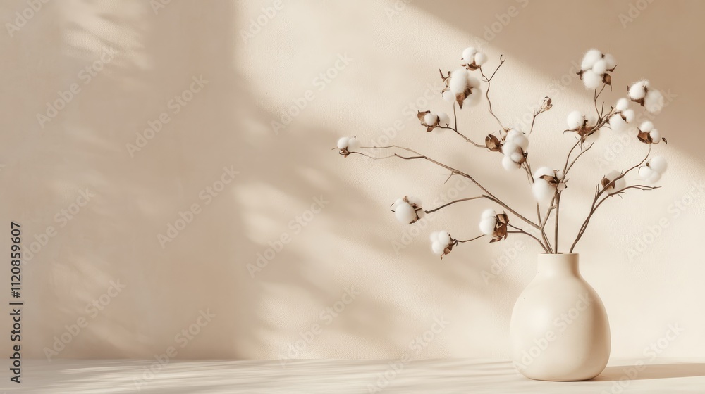 Poster dried cotton flower branch in a minimalist vase displayed in an empty room with beige walls perfect 