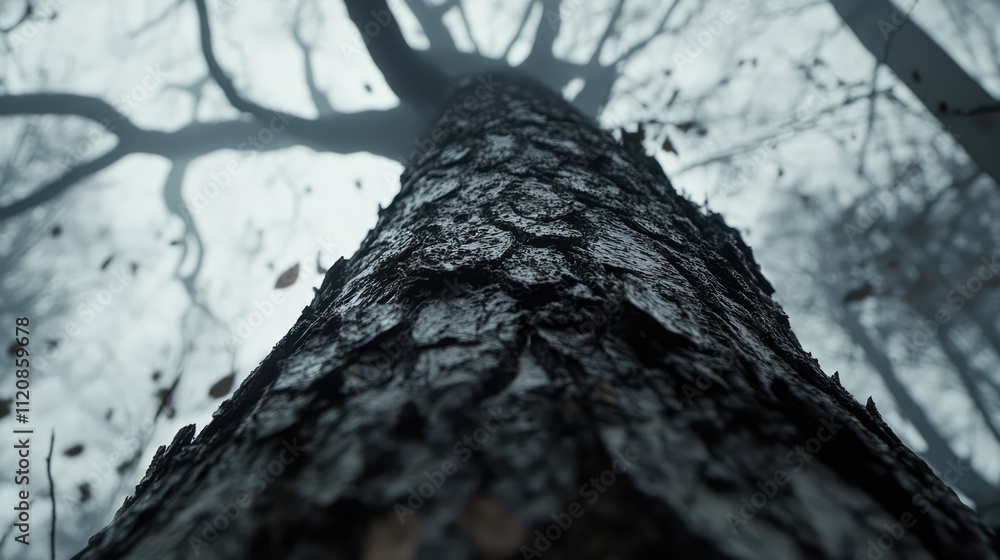 Poster low angle view of a black poplar tree trunk with detailed bark texture in a misty forest setting