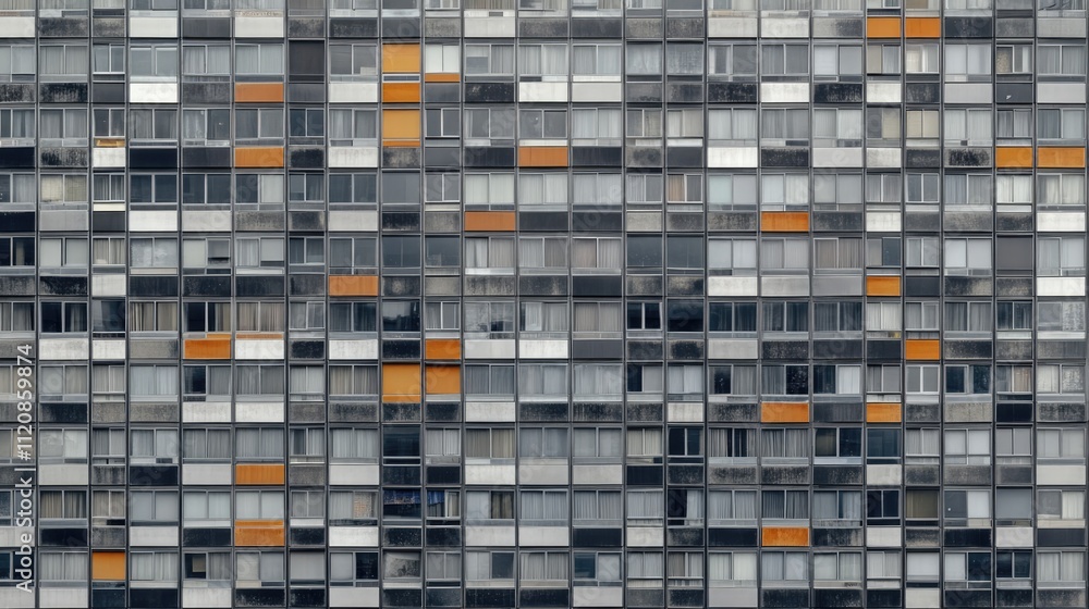 Poster contemporary skyscraper facade with grid pattern and colorful windows background