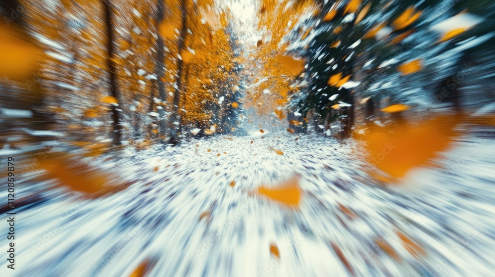Poster motion blurred autumn forest with orange leaves creating an abstract natural background captured wit