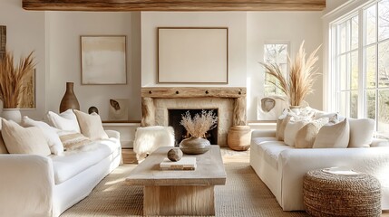 Fototapeta premium A farmhouse-inspired living room with rustic wooden beams, a large stone fireplace, neutral furniture with cozy textured throws, vintage decor elements, and a warm inviting glow, cinematic detail,