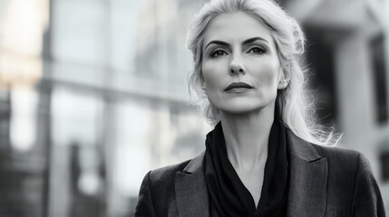 Middle aged businesswoman in modern office attire exuding confidence with a monochrome backdrop and elegant black and white tones