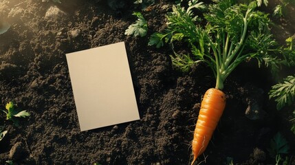 Organic carrot business card mockup placed on dark garden soil, accompanied by freshly harvested carrot with green foliage, agriculture, branding, natural produce, earthy tones.