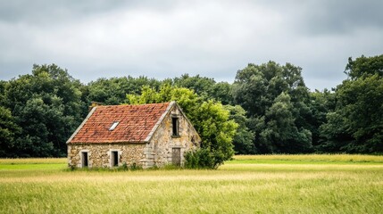 Fototapeta premium Abandoned rustic house surrounded by lush greenery and fields under a moody sky in a serene rural landscape