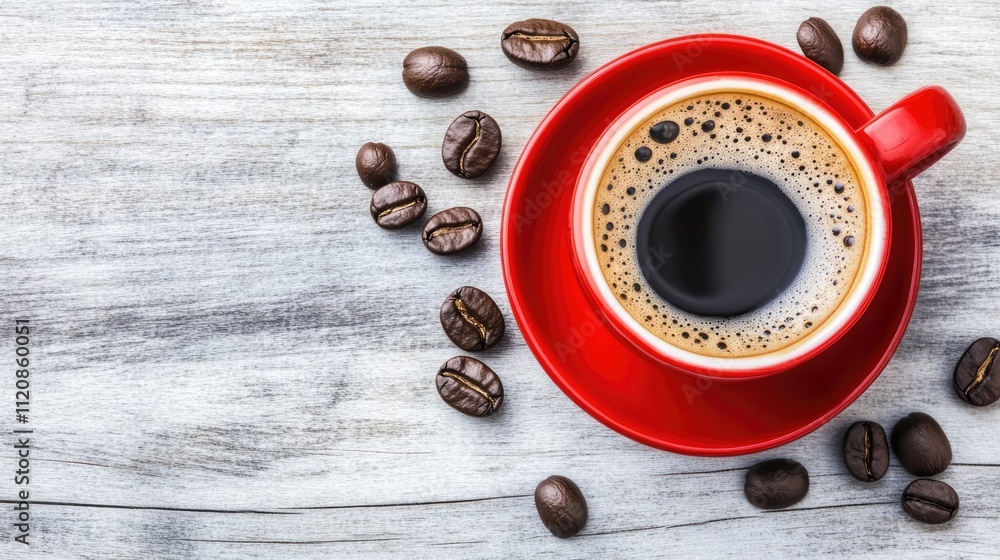 Poster hot coffee in a red cup on a rustic wooden table with coffee beans surrounding it and ample space fo