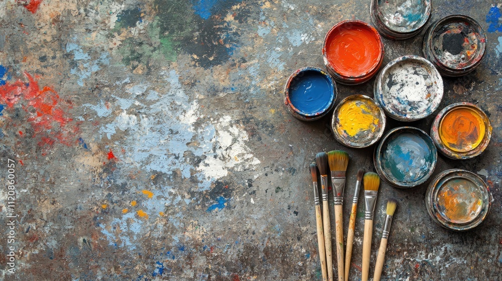 Aufkleber creative workshop with open paint cans and brushes on textured colorful background for artistic proj