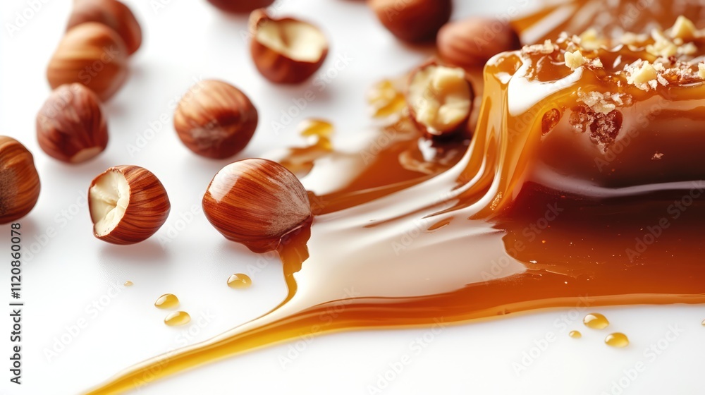 Poster caramel sauce flowing over hazelnuts creating an elegant dessert scene on a white background with a 