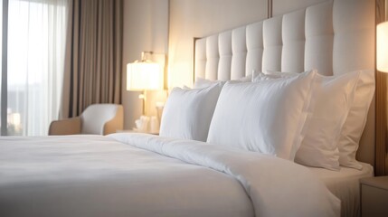 Fototapeta premium Luxury double bed hotel room interior featuring elegant decor and soft lighting for a cozy atmosphere.