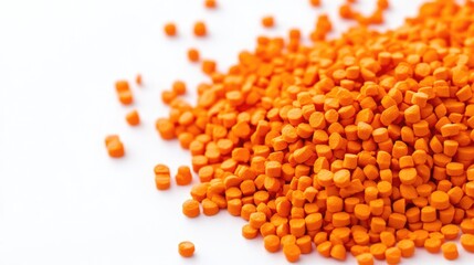 Orange masterbatch granules in various sizes isolated on a clean white background, accompanied by a vibrant color chip, industrial, manufacturing, plastic materials, additives.