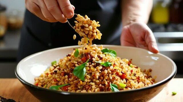 Chef adding seasoned farro grain salad to a bowl.