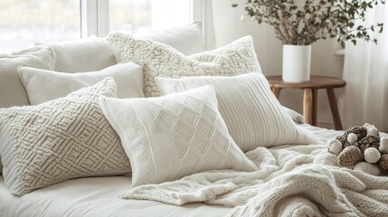 Cozy indoor setting with soft white pillows and a textured knitted blanket on a beautifully arranged bed. Perfect for home decor inspiration.