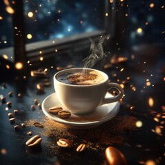 Steaming cup of coffee surrounded by coffee beans on a dark table with warm bokeh lighting