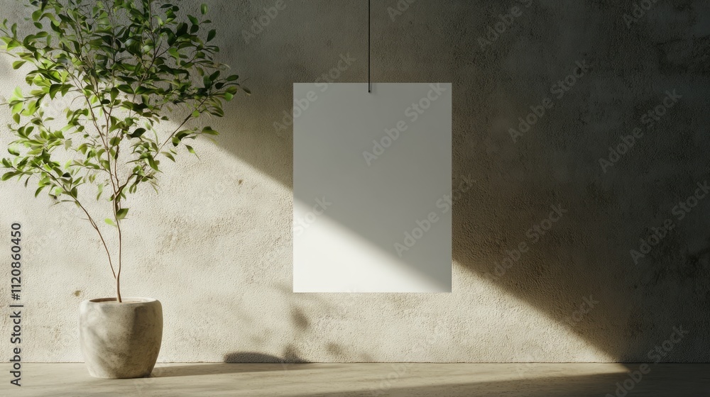Poster blank vertical card mockup displayed on a string in a minimalist studio with natural light and a pot