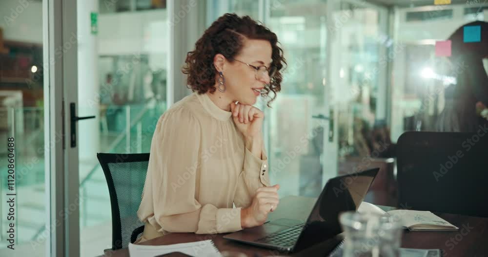 Poster Laptop, solution and thinking with designer woman in office for programming or troubleshooting. Computer, problem solving and web development with creative employee in workplace for software coding