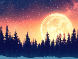 Naklejka premium radiant moon illuminates starry sky over tranquil forest, creating serene and magical atmosphere. vibrant colors of dusk enhance beauty of nature