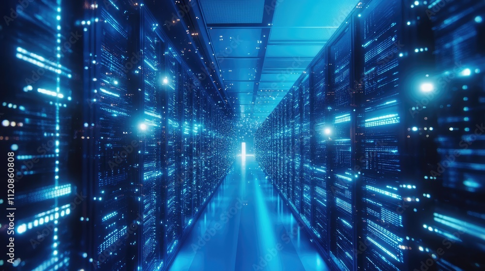 Poster futuristic data center showcasing edge computing technology in an industrial setting with glowing bl
