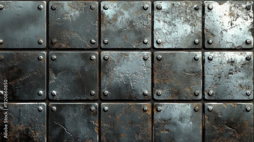 Poster seamless metallic tile texture with rivets showcasing a distressed and weathered surface for industr