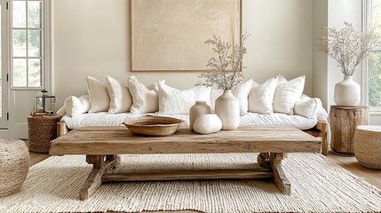 A farmhouse-inspired living space with overstuffed cushions, a reclaimed wood coffee table, softly layered rugs, and vintage lanterns providing warm ambient lighting,