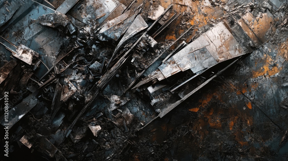 Poster abstract aerial view of rusty metal debris displaying intricate textures and colors suitable for ind