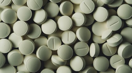 Pills and tablets scattered on a surface showcasing pharmaceutical medications for health with space for text or branding.