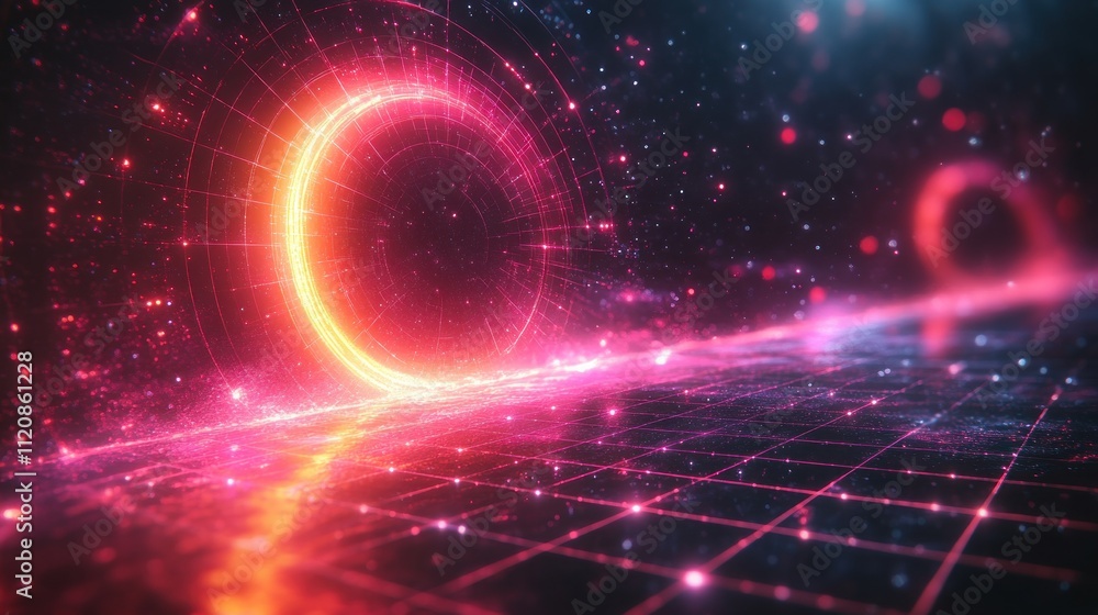 Poster futuristic neon abstract geometry with glowing orbs and grid in a cosmic space setting