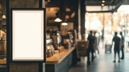 Obraz premium Blank vertical signboard in black frame at cafe entrance with blurred background of people for informational and advertising purposes