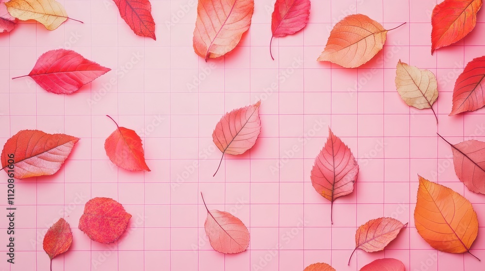 Poster colorful autumn leaves on soft pink grid background with copy space for text and design templates