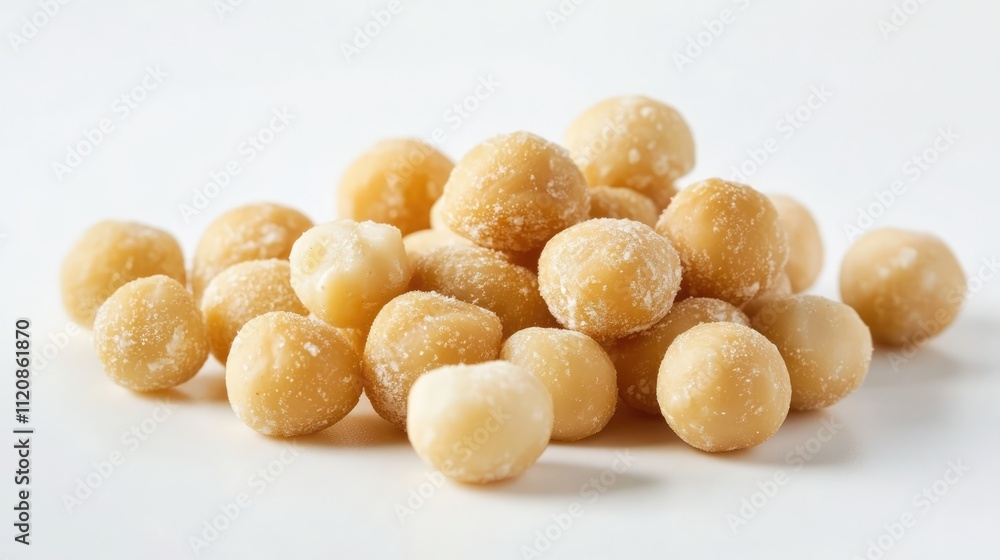 Poster close-up of macadamia nuts on a white background showcasing their smooth texture and natural color i