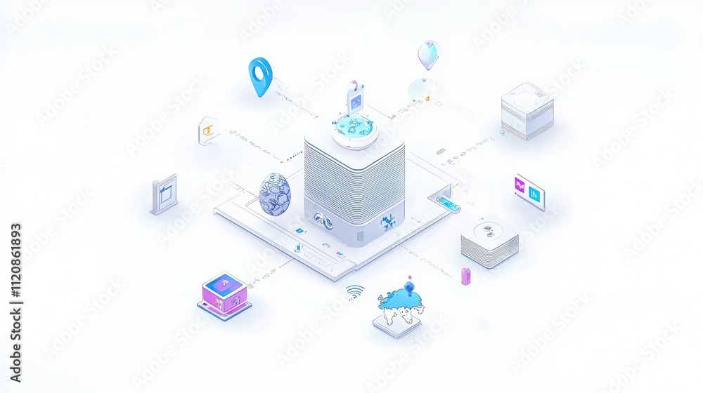 Aufkleber abstract illustration of a digital ecosystem with interconnected elements around a central hub.
