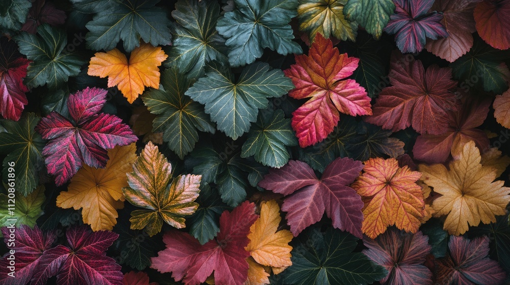 Poster autumn foliage texture with vibrant colored leaves in a natural pattern creating a visually striking