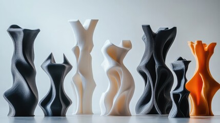 Close-up of a collection of creatively designed 3D printed models in various shapes and colors, showcasing intricate textures and details on a smooth surface, innovation, technology, design.