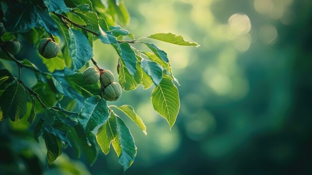 Unripe walnuts hanging on a branch surrounded by vibrant green leaves during a serene morning in Ukraine's natural landscape