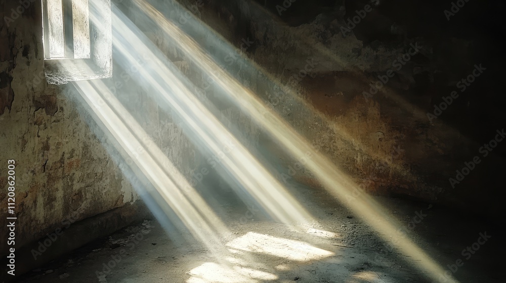 Poster abstract light rays illuminating a dimly lit room highlighting textures and shadows in an artistic c