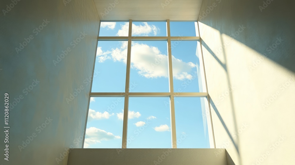 Poster large window with modern design framing bright blue sky and fluffy clouds illuminating spacious inte