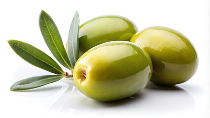 Fresh Green Olives on White Background - Vibrant Food Photography for Culinary Art and Olive Oil Inspiration