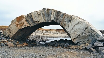 Fototapeta premium Natural stone arch formation at coastal landscape with rugged textures and serene atmosphere under cloudy sky