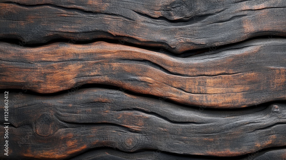 Poster laminated wood texture with dark tones and wavy patterns ideal for backgrounds and design elements.
