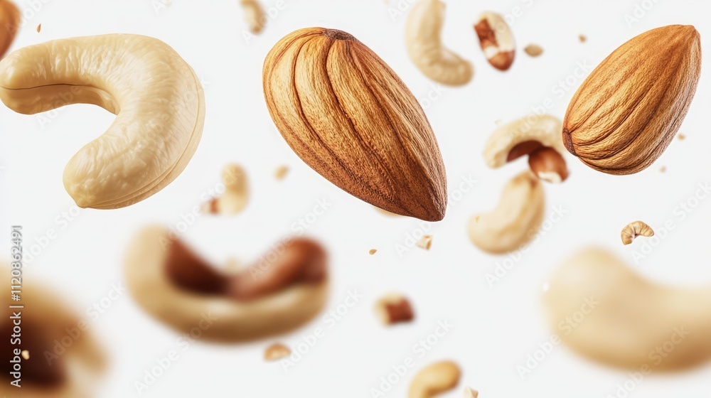 Poster assorted flying nuts on a white background showcasing cashews almonds and hazelnuts in a dynamic and