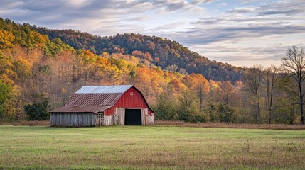 Red Barn Surrounded by Lush Forest and Mountains in Serene Rural Landscape During Autumn Evening Light