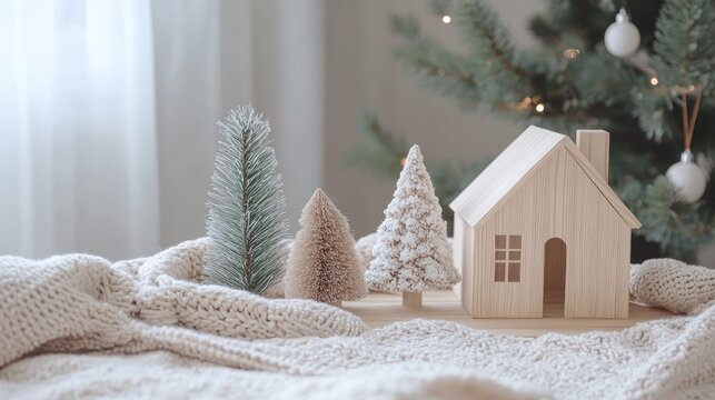 Cozy Scandinavian Christmas scene featuring wooden house and pine trees on knit blanket capturing serene winter atmosphere