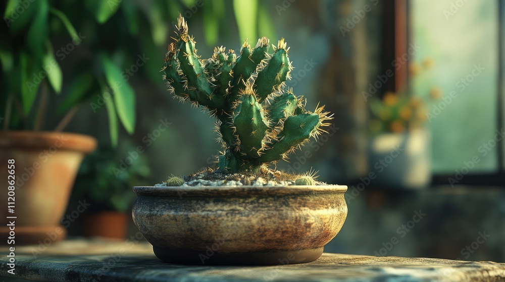 Poster miniature cactus tree in a rustic pot placed on a wooden table with a blurred background of greenery